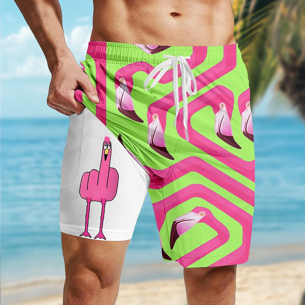 Flamingo Bird Funny 2-in-1 Board Shorts