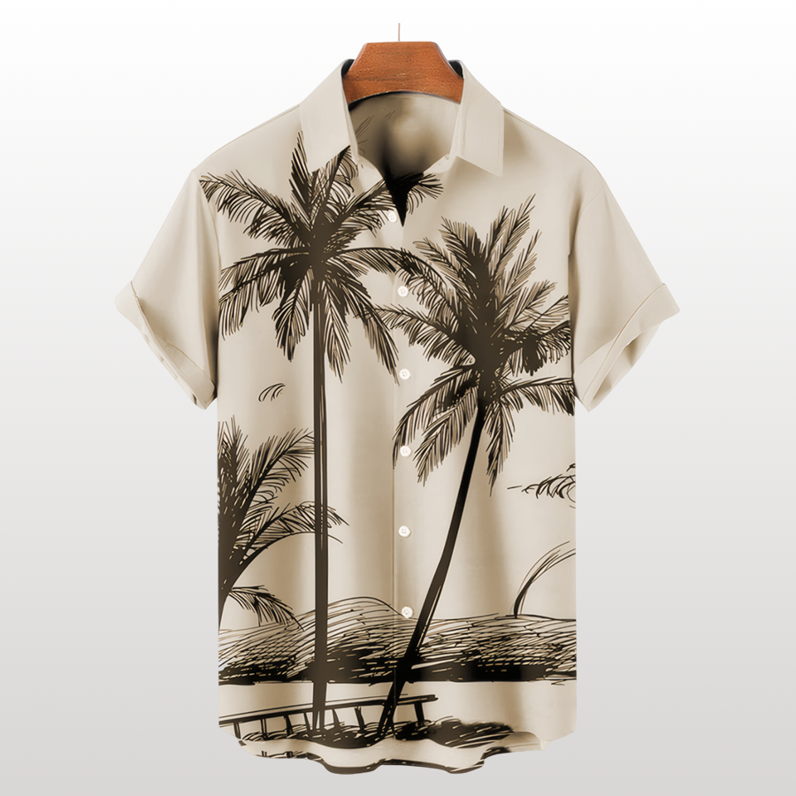 Camisa hawaiana de verano con plantas tropicales y cocoteros