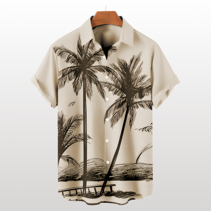 Camisa hawaiana de verano con plantas tropicales y cocoteros