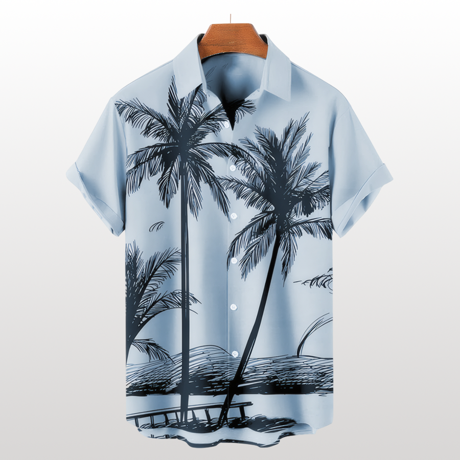 Camisa hawaiana de verano con plantas tropicales y cocoteros