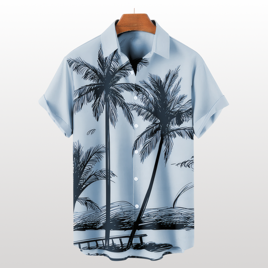 Camisa hawaiana de verano con plantas tropicales y cocoteros