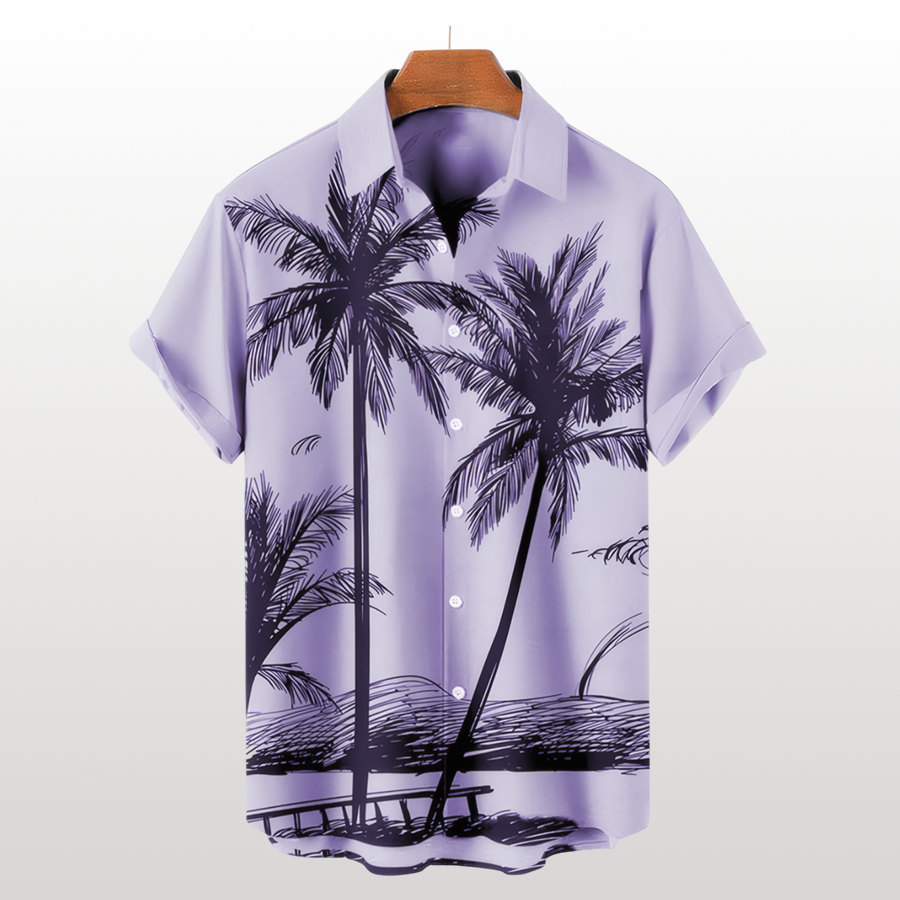 Camisa hawaiana de verano con plantas tropicales y cocoteros