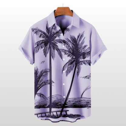 Camisa hawaiana de verano con plantas tropicales y cocoteros