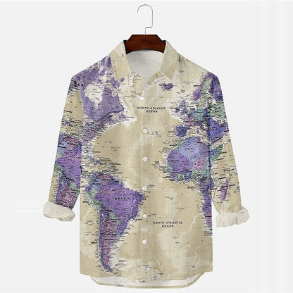 Camisa con botones y diseño de mapa, manga larga, estilo vintage, para exteriores