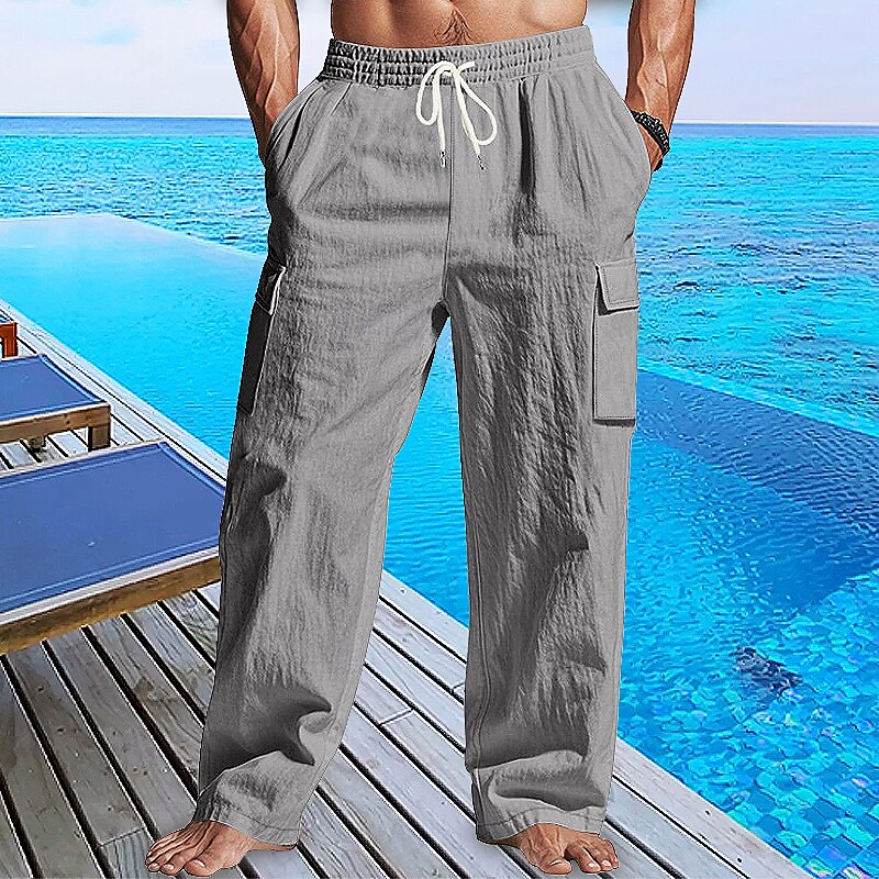 Linen Cargo Straight-Leg Pants