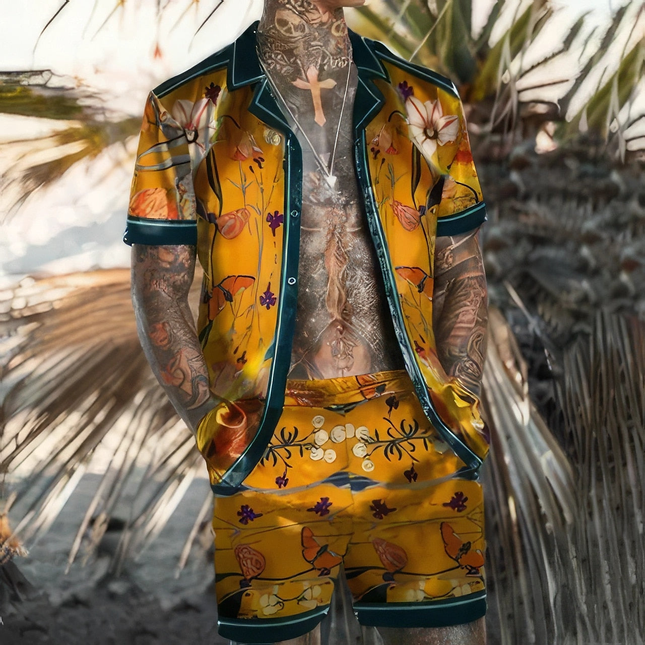 Floral Flamingo Pattern Hawaiian Shirt Set