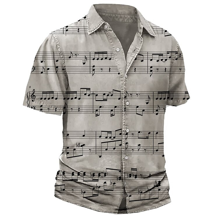 Camisa con botones y notas musicales y teclas panorámicas de manga corta