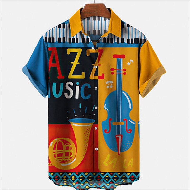 Camisa abotonada con instrumento musical de guitarra, camisa corta