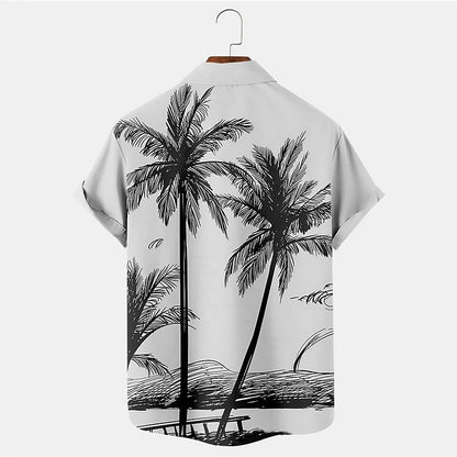 Camisa hawaiana de verano con plantas tropicales y cocoteros