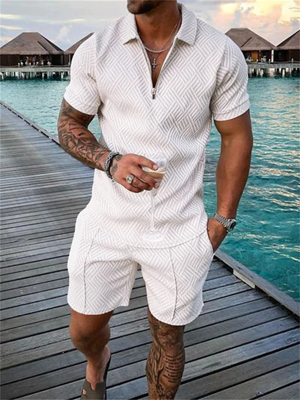 Solid color textured polo shirt set