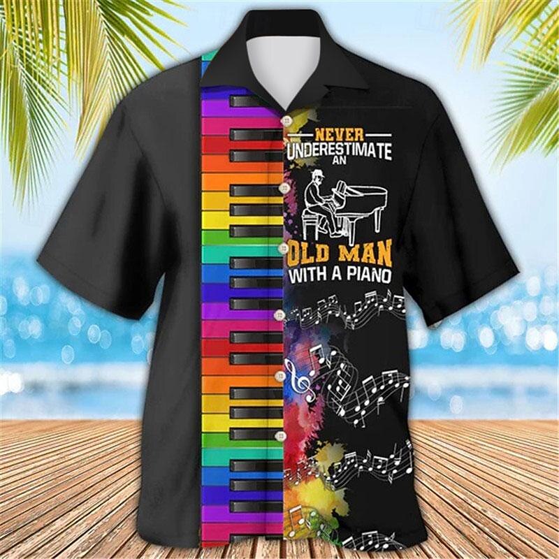 Camisa de notas musicales con instrumentos musicales Camisa hawaiana de verano Camisa abotonada