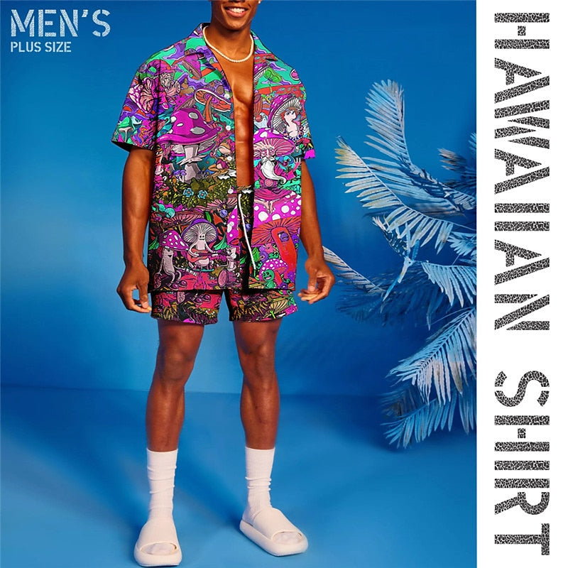 Graphic Mushroom Print Hawaiian Shirt Set