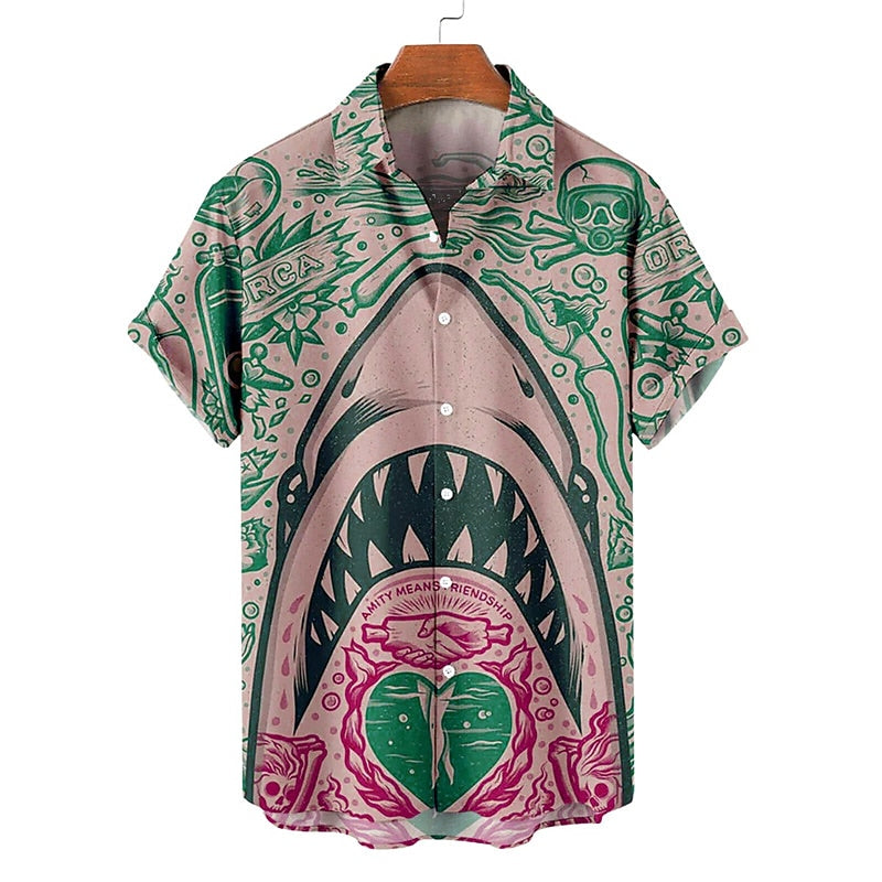 Camisa hawaiana de verano con estampado tropical de tiburón