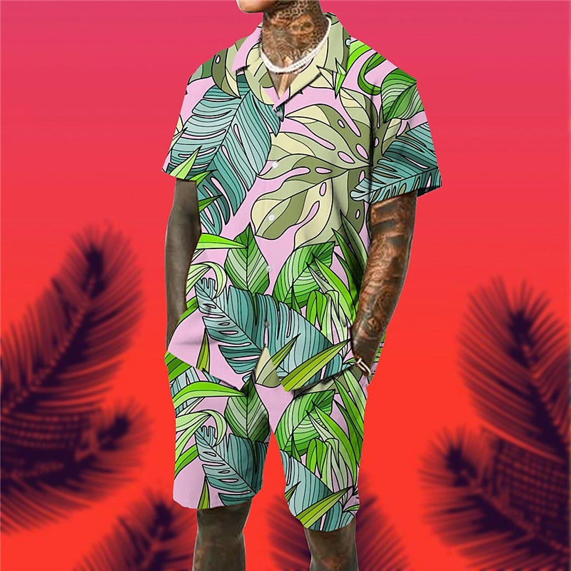 Fashion Floral Pattern Printed Leaf Shirt Set