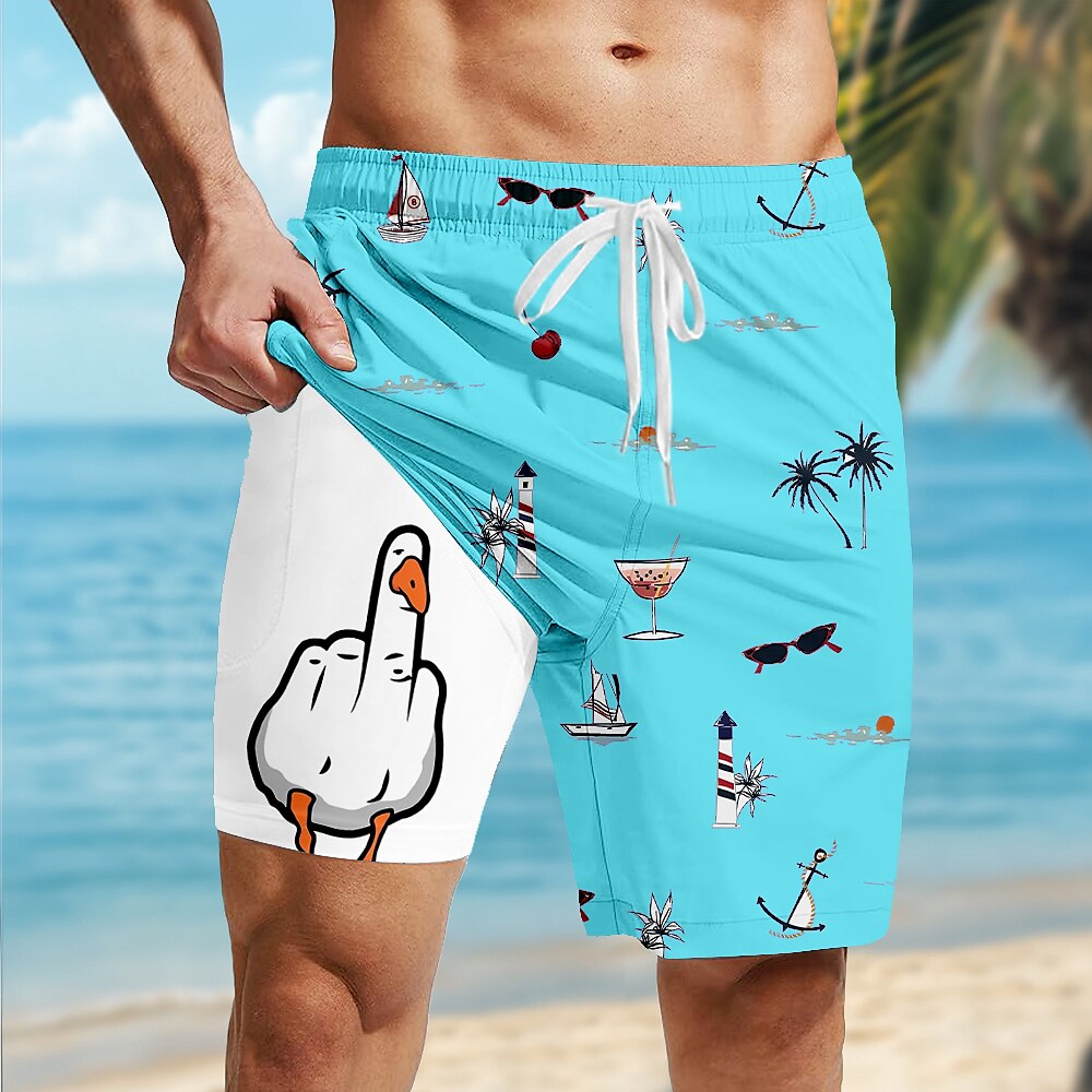 Coconut Tree Funny Duck 2-in-1 Board Shorts