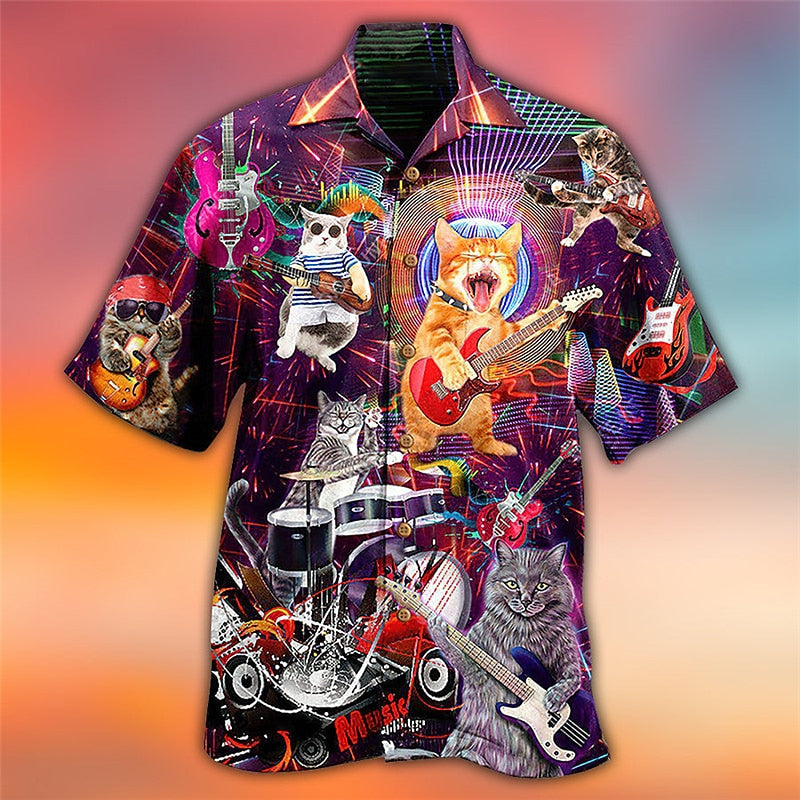 Camisa hawaiana de verano con diseño de gato y guitarra, camisa hawaiana de manga corta