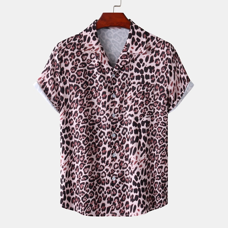 Camisa de leopardo con botones, camisa de manga corta, diseño tropical, informal, para uso diario