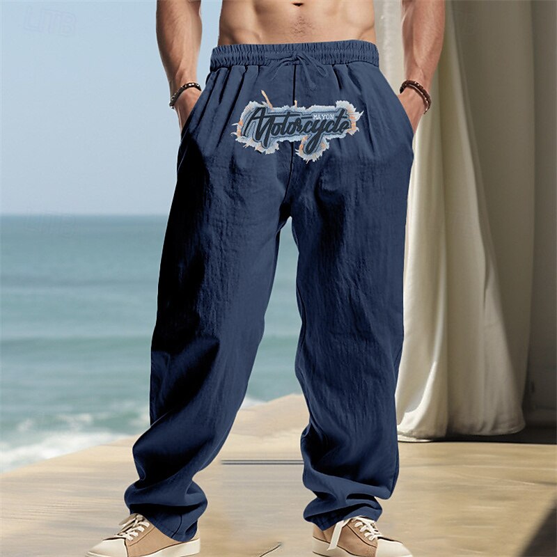Embroidered Linen Drawstring Beach Pants