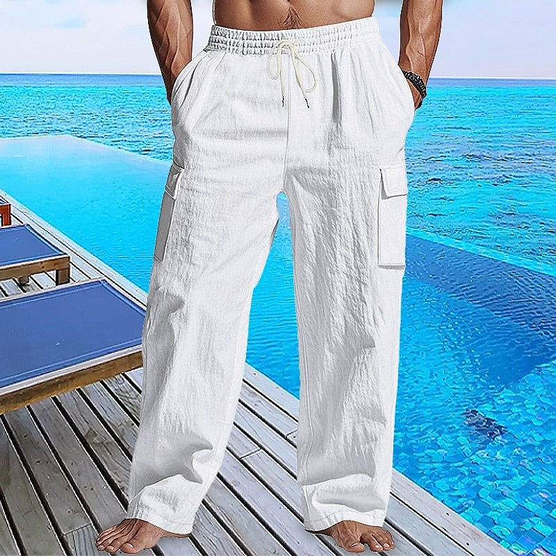 Linen Cargo Straight-Leg Pants