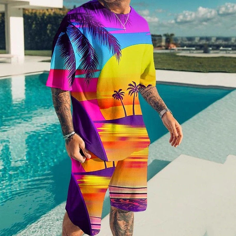 Graphic Coconut Tree 2-Piece Set Casual Vacation Wear