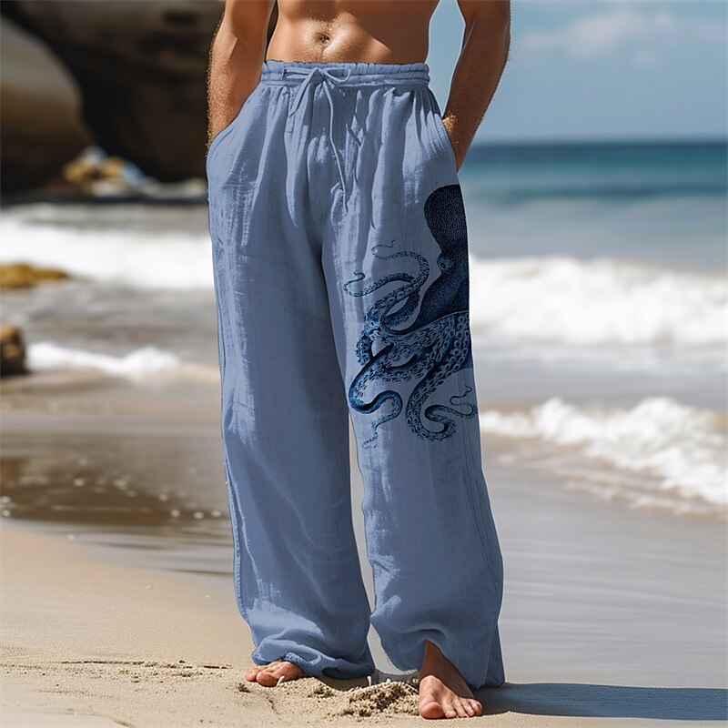 Octopus Print Linen Baggy Pants