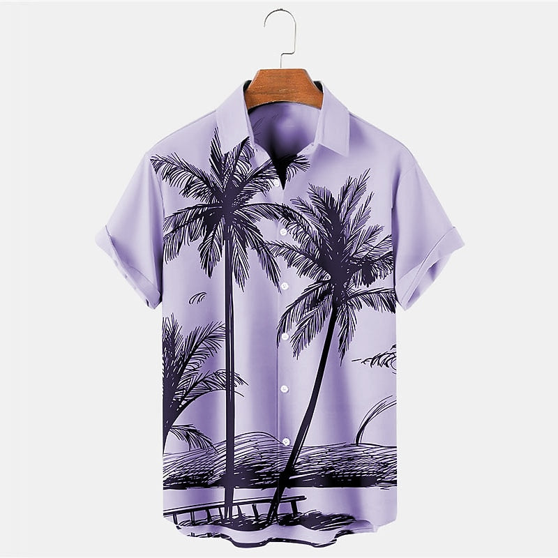 Camisa hawaiana de verano con plantas tropicales y cocoteros