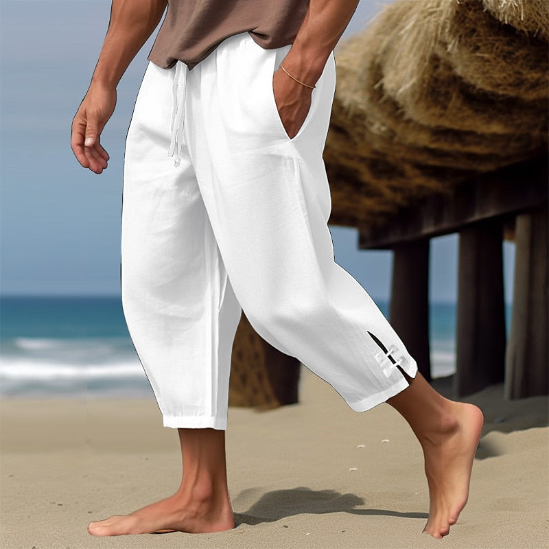 Cropped Linen Drawstring Beach Pants