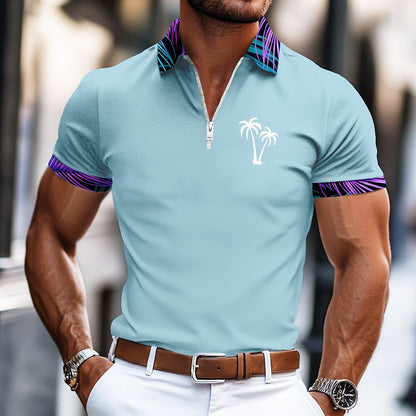 Tropical Palm Tree Zip Polo Shirt Summer