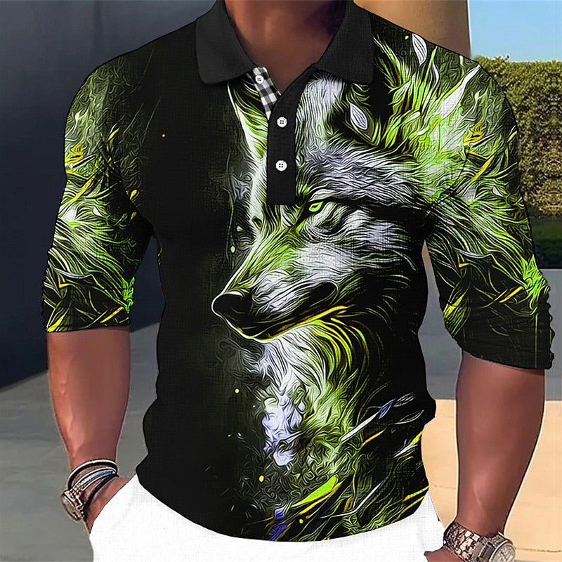 Wolf 3D Long Sleeve Polo Shirt