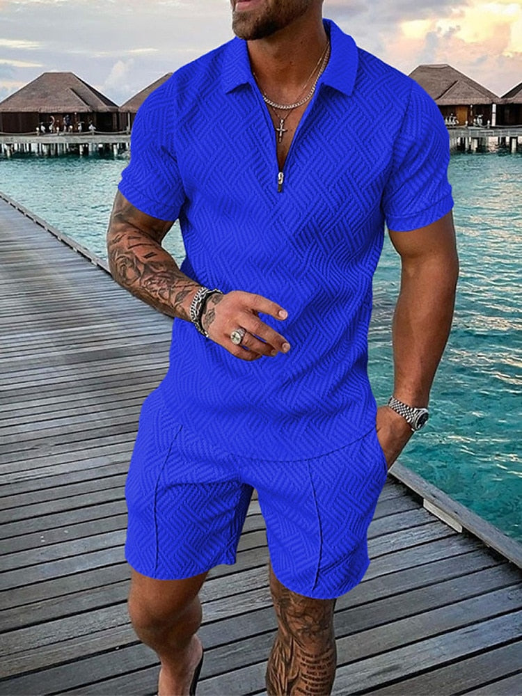 Solid color textured polo shirt set
