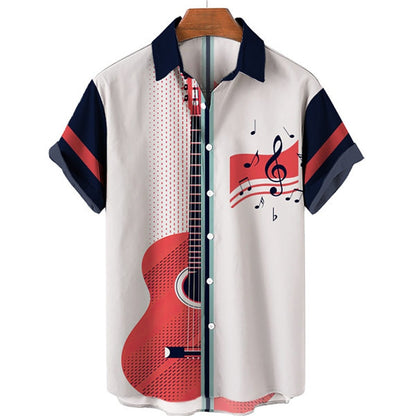 Camisa abotonada con instrumento musical de guitarra, camisa corta