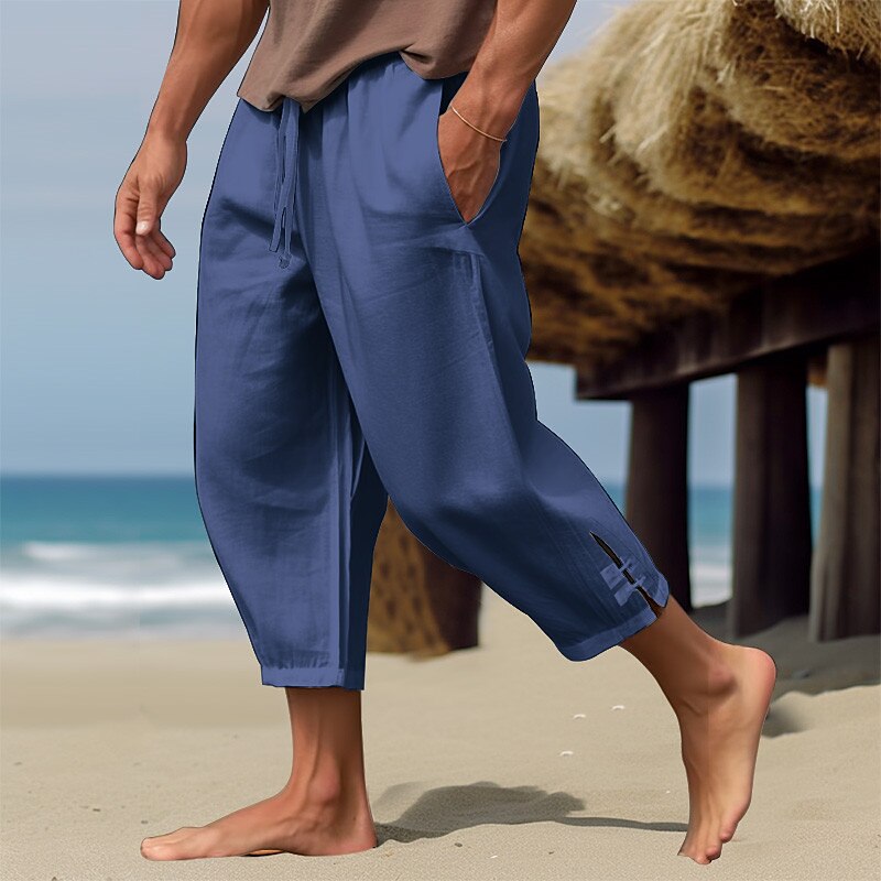 Cropped Linen Drawstring Beach Pants