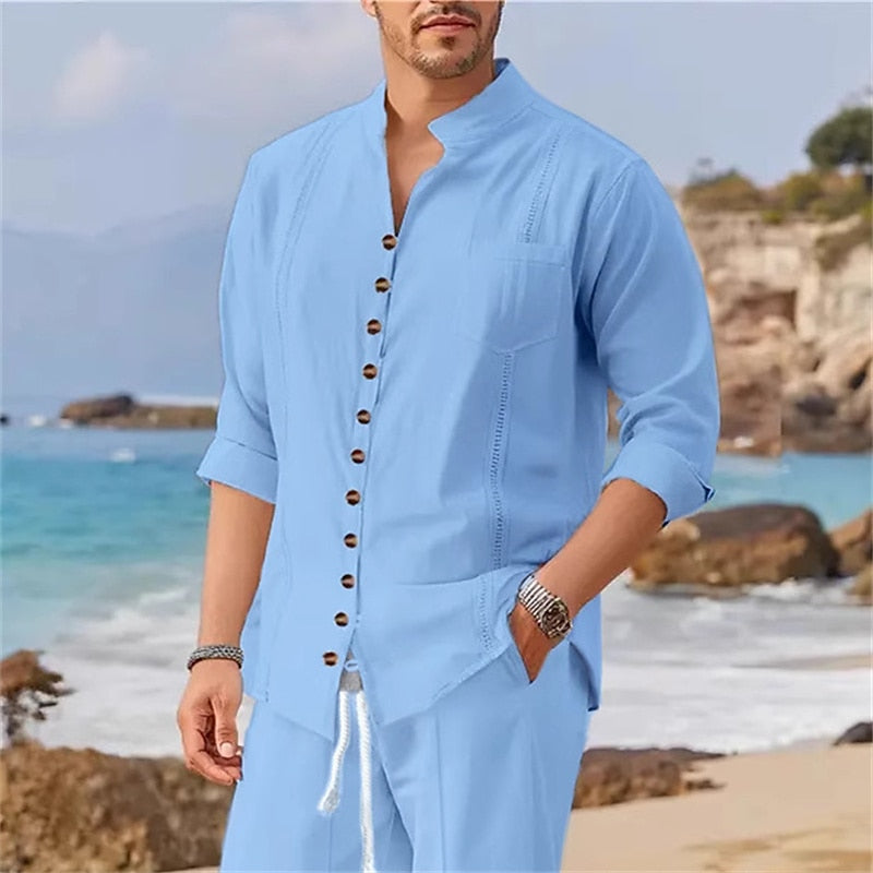 Solid color linen shirt two-piece set