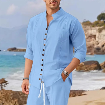 Solid color linen shirt two-piece set