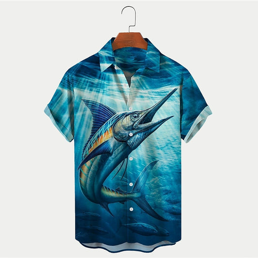 Camisa hawaiana de verano con estampado de animales, peces y paisaje marino