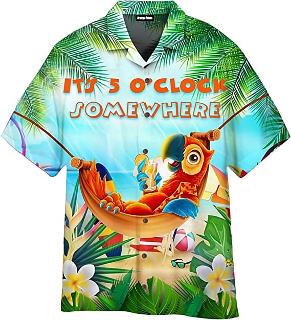 Camisa hawaiana de verano con letras de árbol de coco y bebida