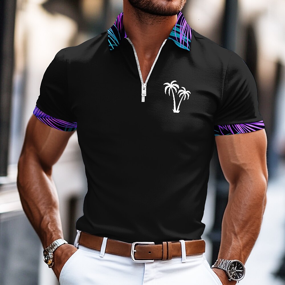 Tropical Palm Tree Zip Polo Shirt Summer