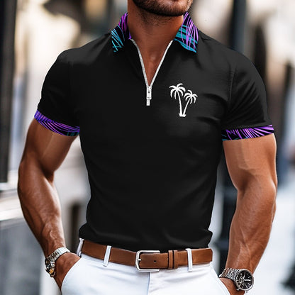 Tropical Palm Tree Zip Polo Shirt Summer