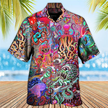 Camisa hawaiana de verano con pulpo y guitarra tropical Camisa Aloha