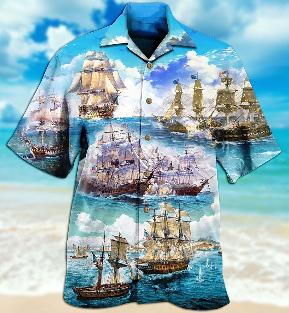 Camisa hawaiana de verano con estampado de paisaje marino y barco