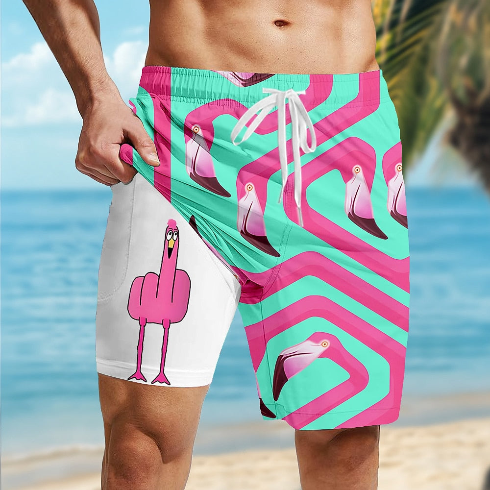 Flamingo Bird Funny 2-in-1 Board Shorts