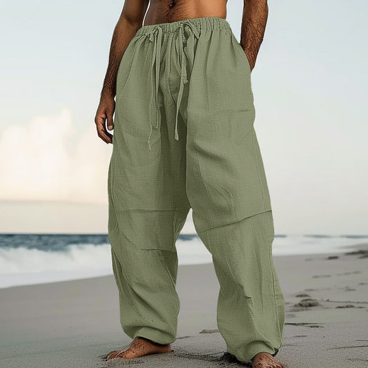 Pleated Linen Drawstring Beach Pants