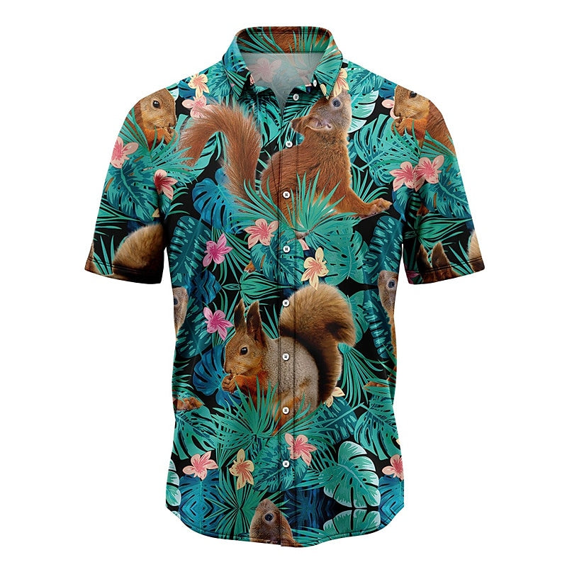 Camisa hawaiana de verano con hojas de ardilla tropical