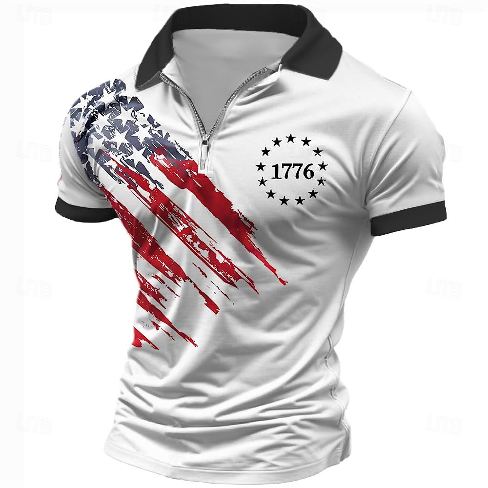 US Independence Day Flag Zip Polo