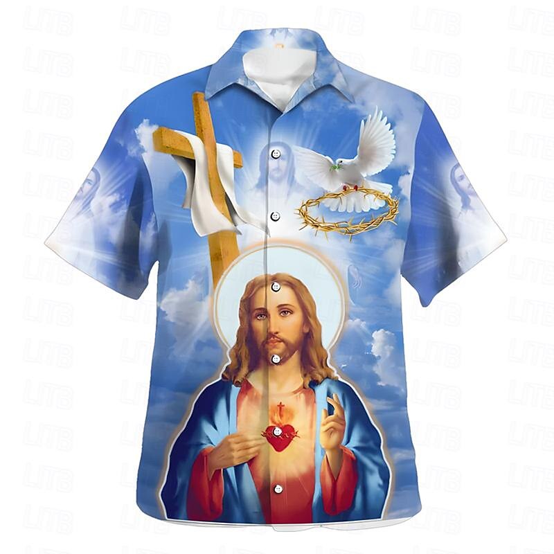 Camisa con botones y cruz de Jesús, manga corta, vacaciones artísticas