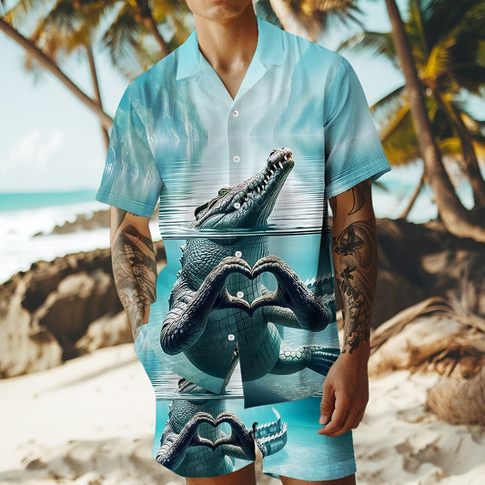 Crocodile 3D Print 2-Piece Cuban Shirt Set