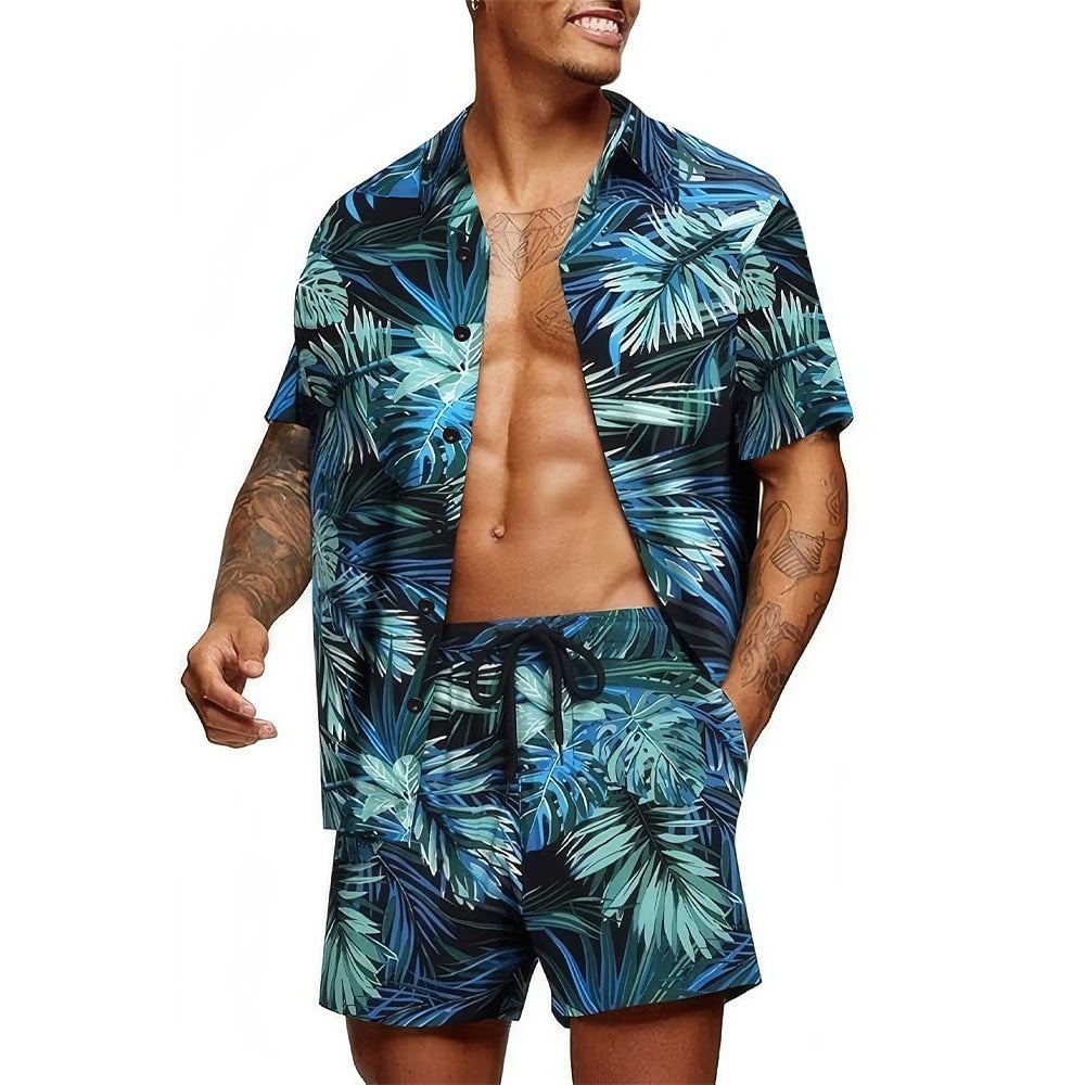 Tropical Botanical Summer Casual Printed Shirt Set Blue