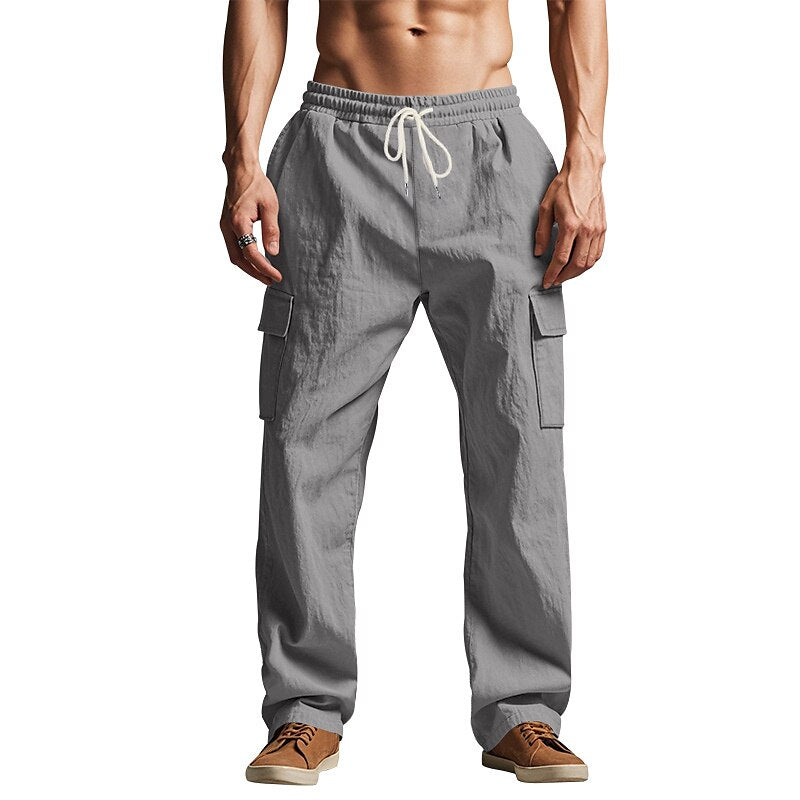 Linen Cargo Straight-Leg Pants