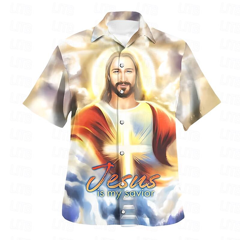 Camisa con botones y cruz de Jesús, manga corta, vacaciones artísticas