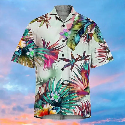 Camisa hawaiana de verano con botones y manga corta con estampado de guitarra colorida